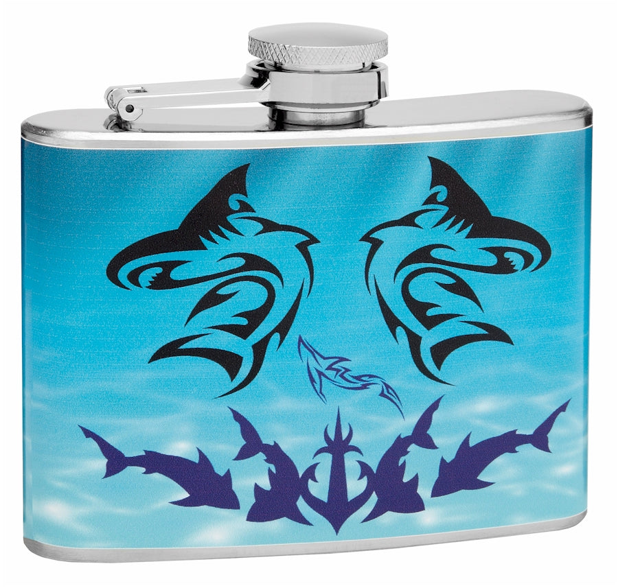 4oz Powerful Shark Theme Hip Flask, Gift Box, Funnel and Shot Glasses