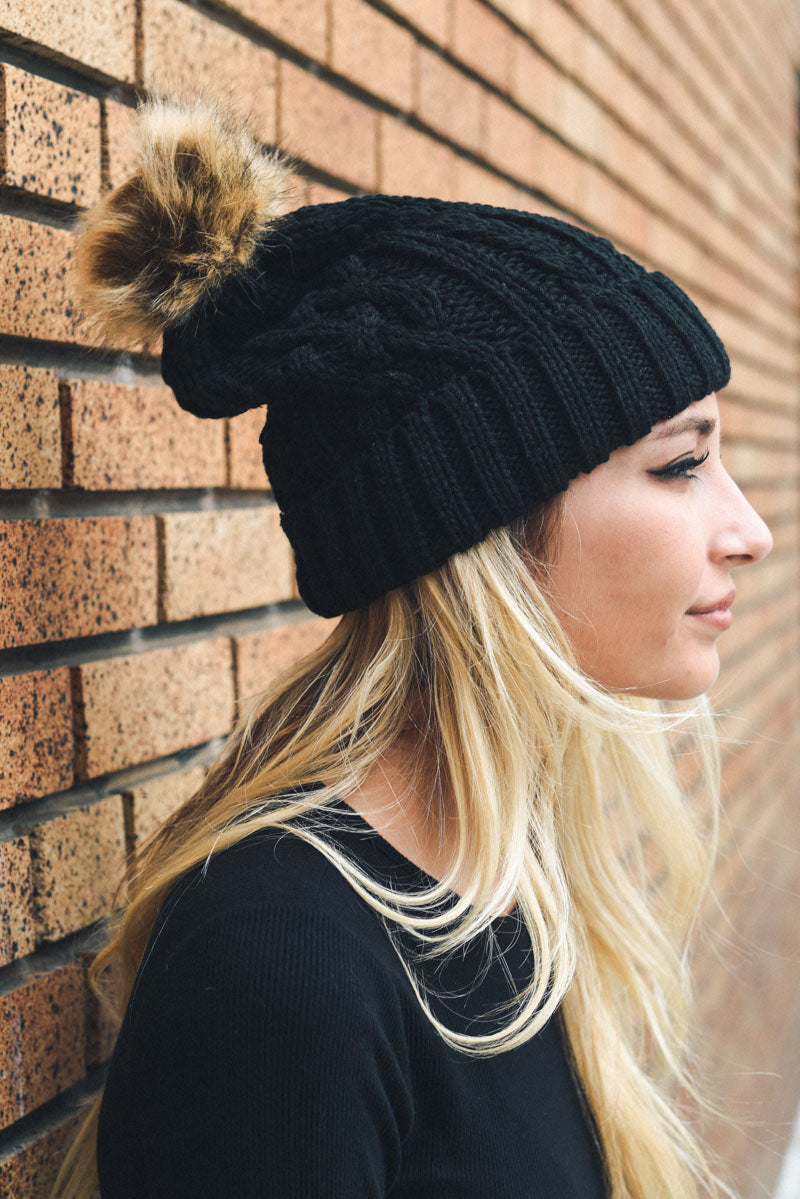 Cable Knit Beanie with Faux Fur Pom