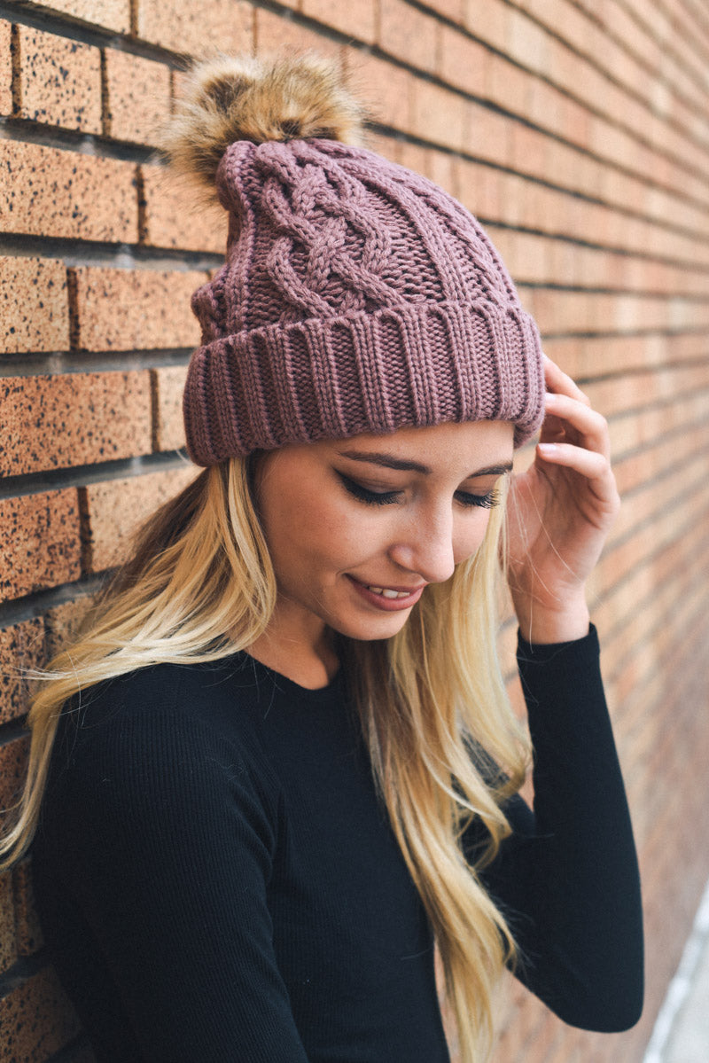 Cable Knit Beanie with Faux Fur Pom