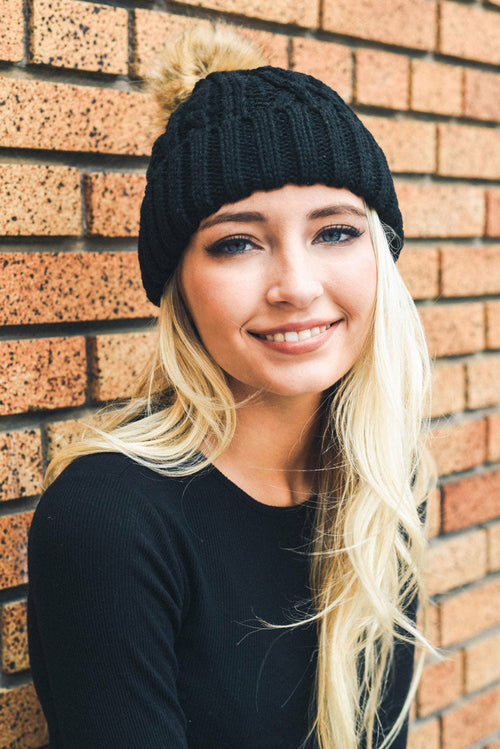 Cable Knit Beanie with Faux Fur Pom