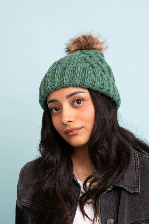 Cable Knit Beanie with Faux Fur Pom