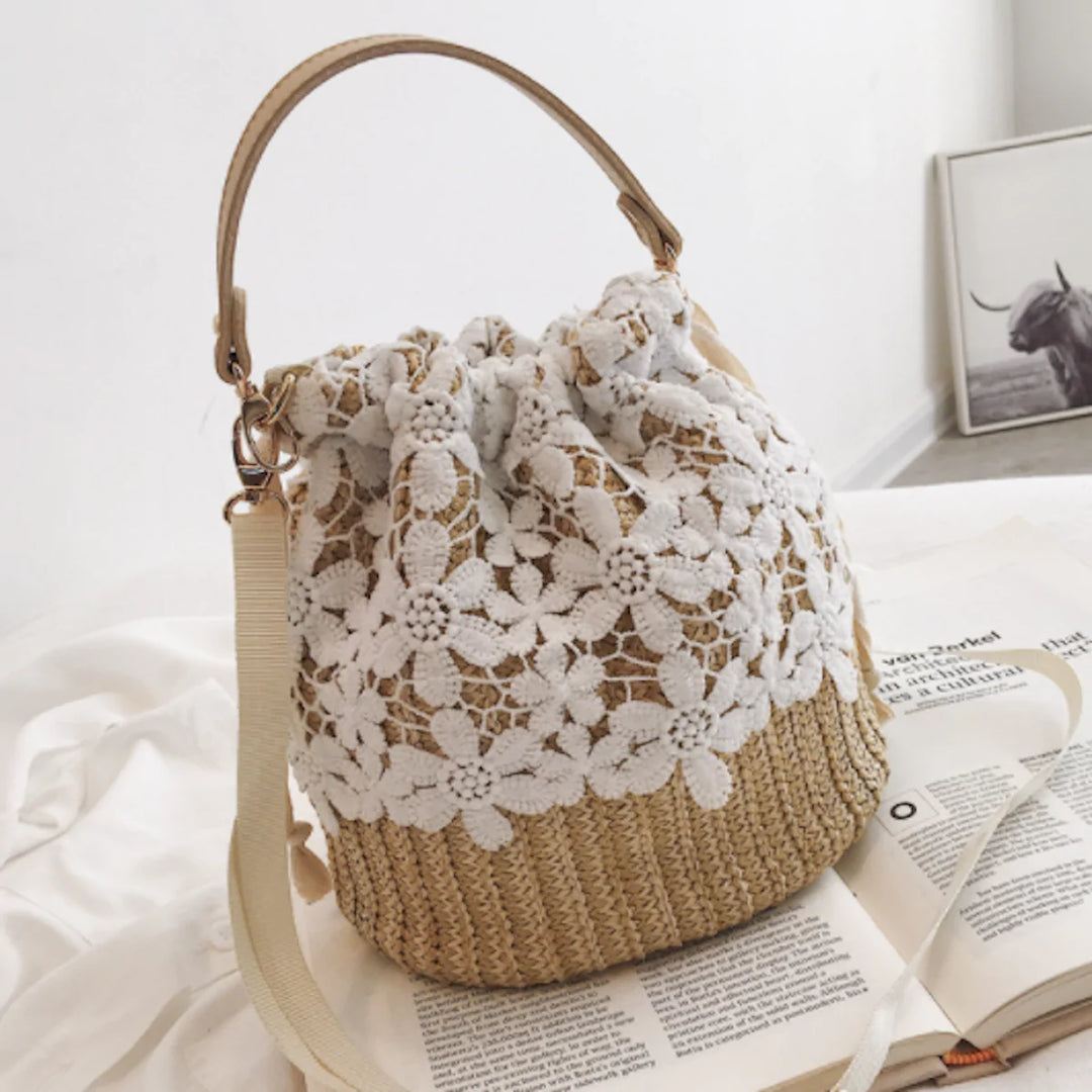 Summer Crossbody Straw Bucket with Lace