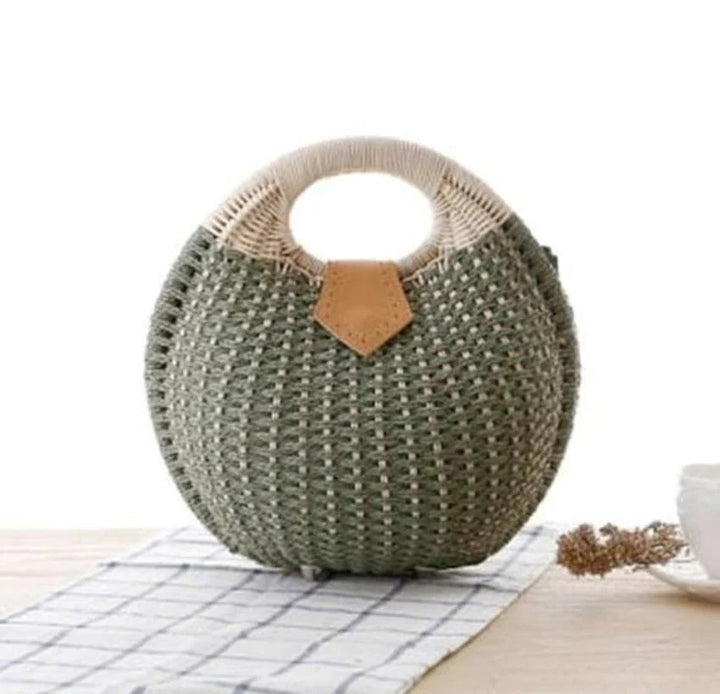 Top Handle Wicker Handbag in Round Shape