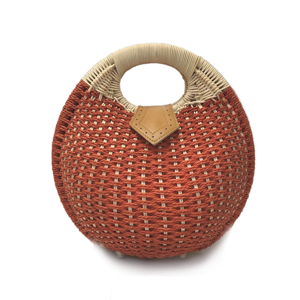 Top Handle Wicker Handbag in Round Shape