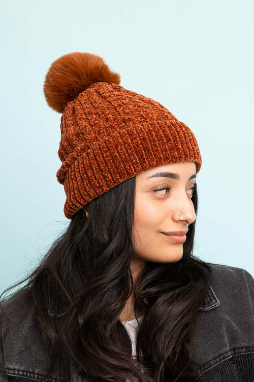 Velvet Cable Knit Pom Beanie